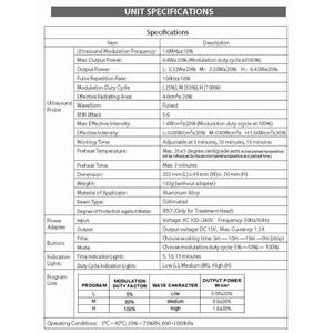 technical specifications page for shock wave treatment